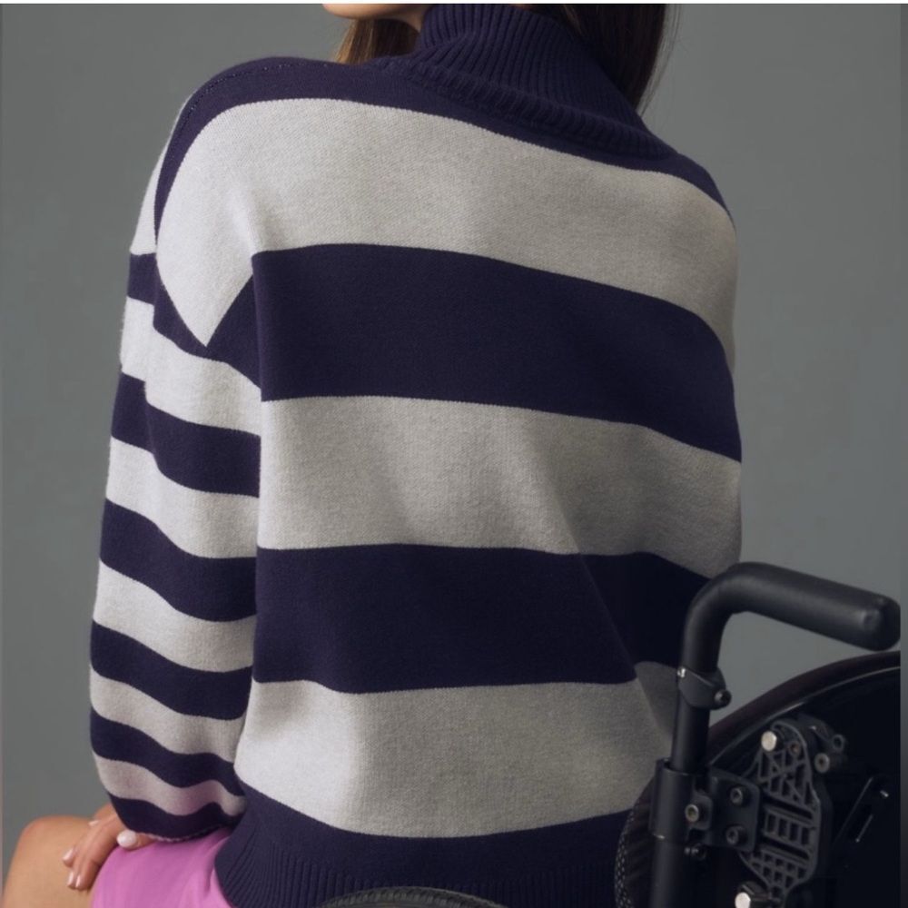 Maeve Anthropologie The Montana Striped Mock-Neck Half-Zip Sweater- Navy/White - Picture 3 of 5
